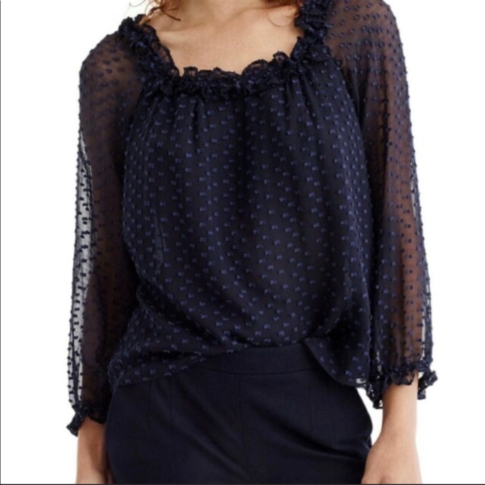 Jcrew Navy Top with Swiss Dots & Ruffle Detail